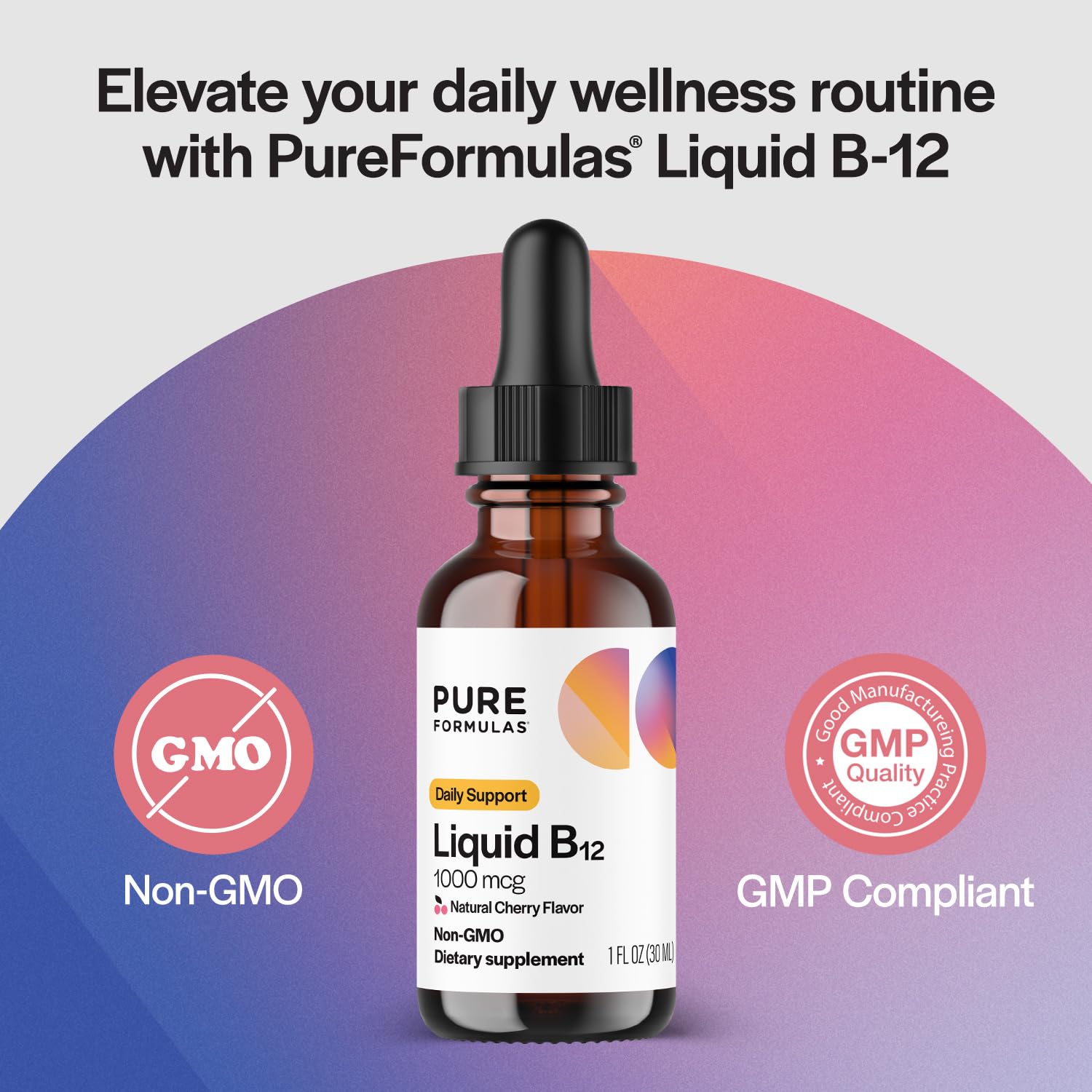 PureFormulas gota de B12 en palma con textura líquida y absorción rápida