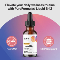 PureFormulas gota de B12 en palma con textura líquida y absorción rápida