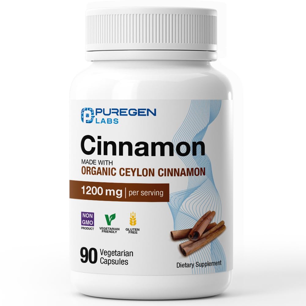 P Puregen Labs envase frontal Canela Ceylán orgánica mostrando 90 cápsulas y claridad de ingredientes