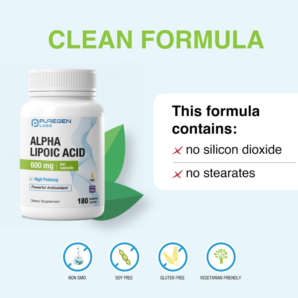 Puregen Labs etiqueta nutricional primer plano indicando 600 mg por cápsula