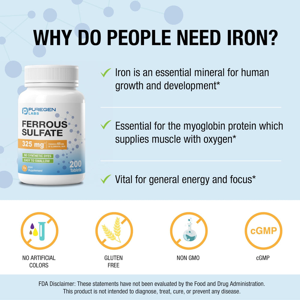 Puregen Labs etiqueta nutricional visible con información del hierro elemental por dosis.
