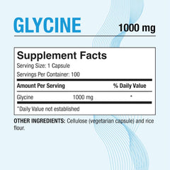 Etiqueta de glicina 1000mg de Puregen Labs, detalle de la fórmula