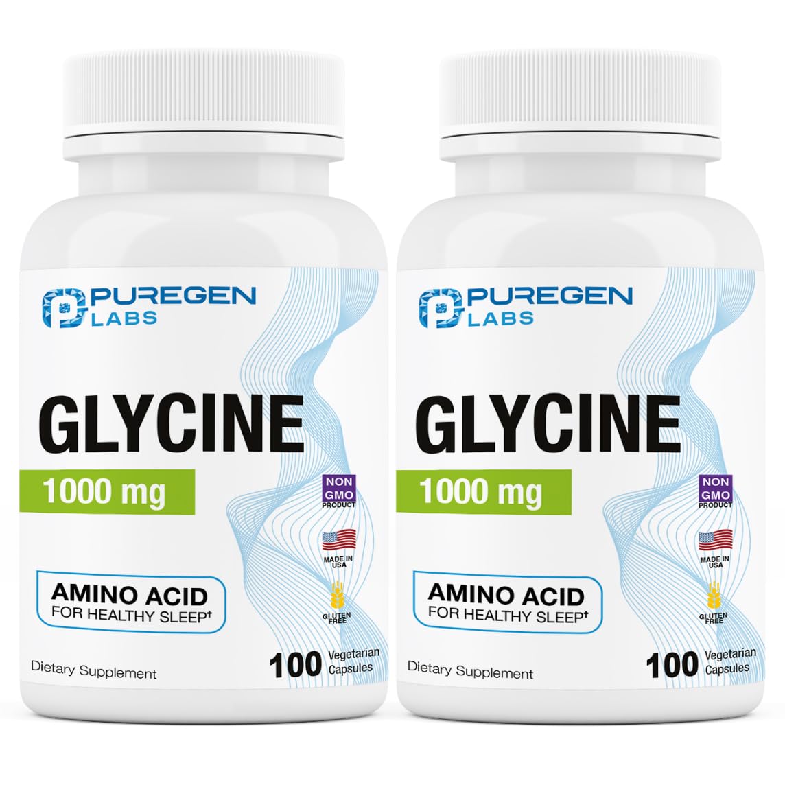 Puregen Labs glicina 1000mg frente del envase, complemento para descanso saludable