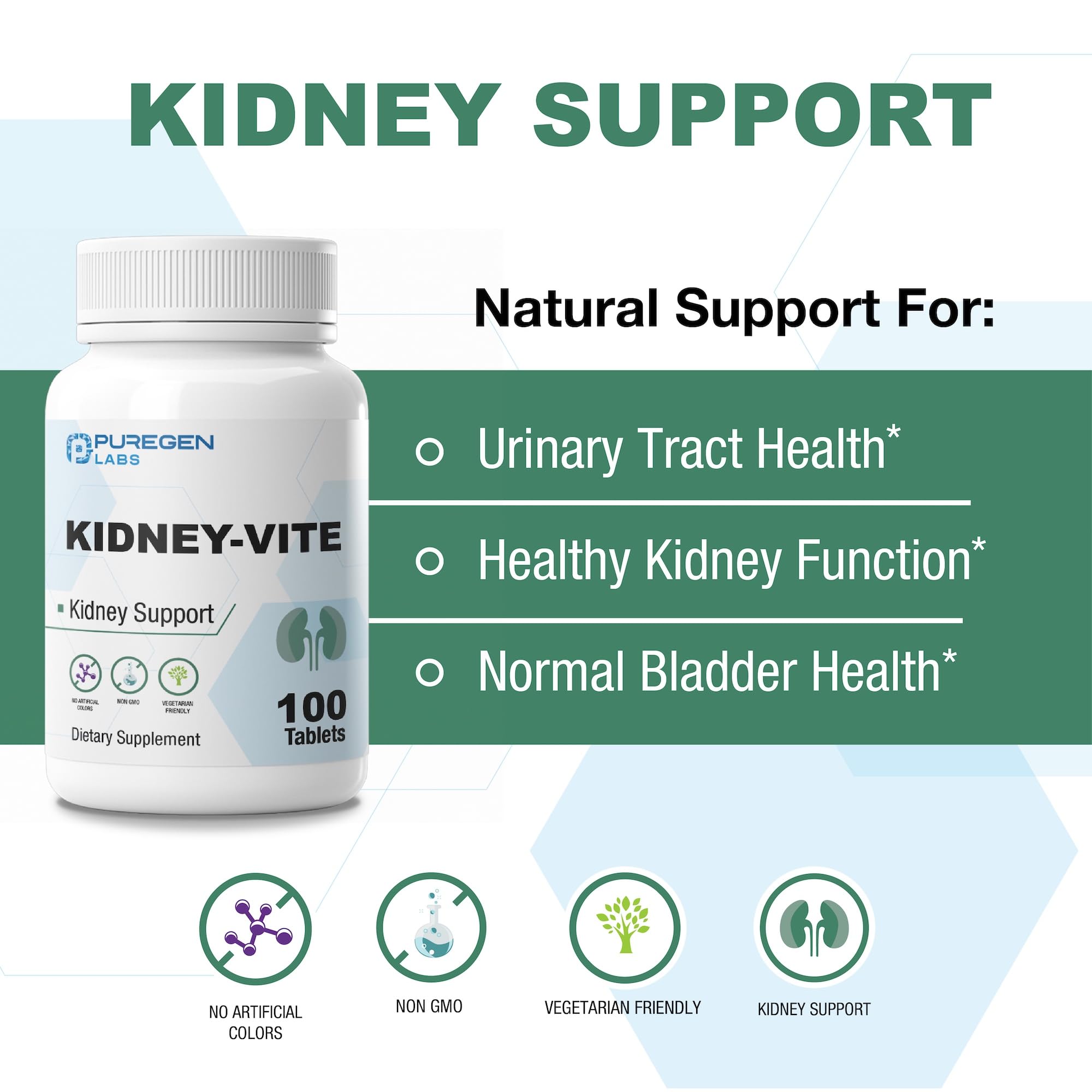 Puregen Labs Kidney-Vite etiqueta con información nutricional legible y segura