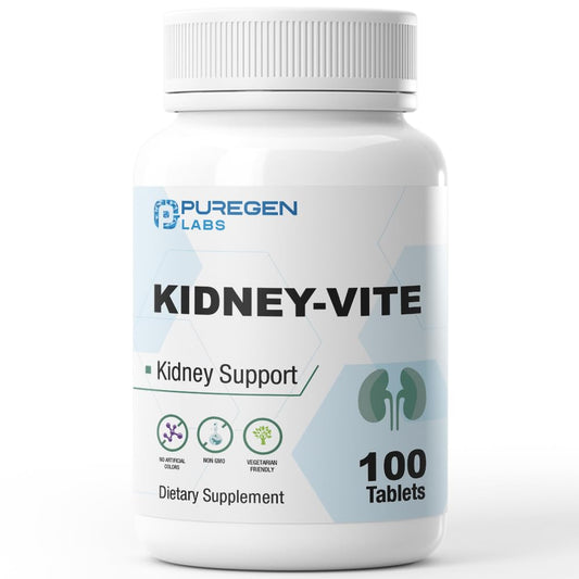 Puregen Labs Kidney-Vite frasco frontal mostrando etiqueta clara y beneficios