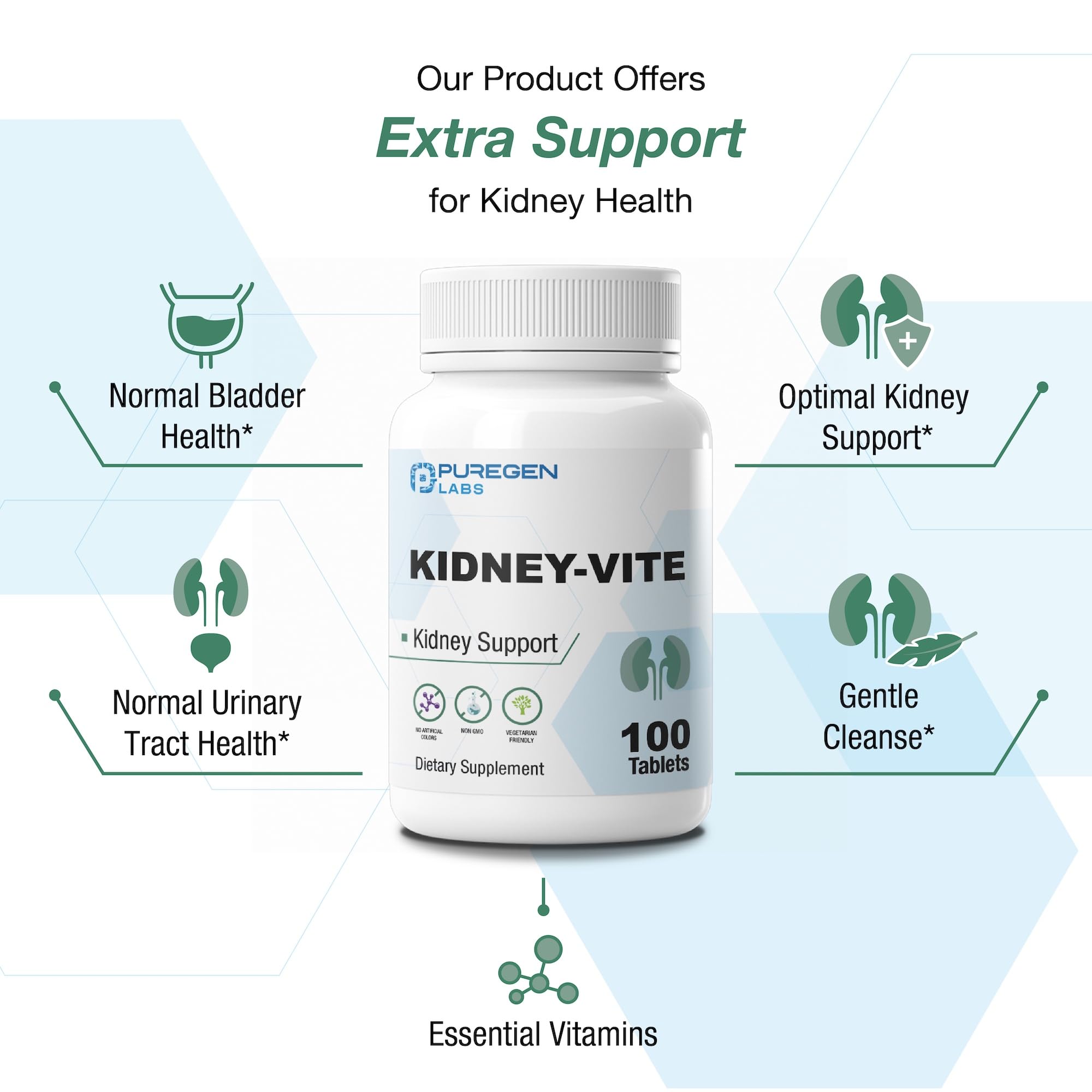 Puregen Labs Kidney-Vite tableta en mano para demostrar fácil dosificación