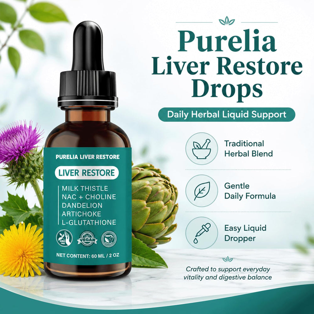 Purelia Liver Restore botella en uso junto a un vaso de agua para toma diaria fácil