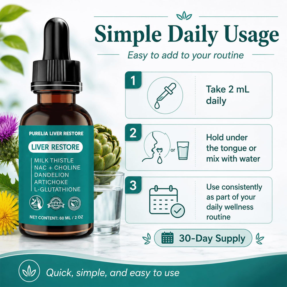 Purelia Liver Restore primer plano de la etiqueta indicando ingredientes claves