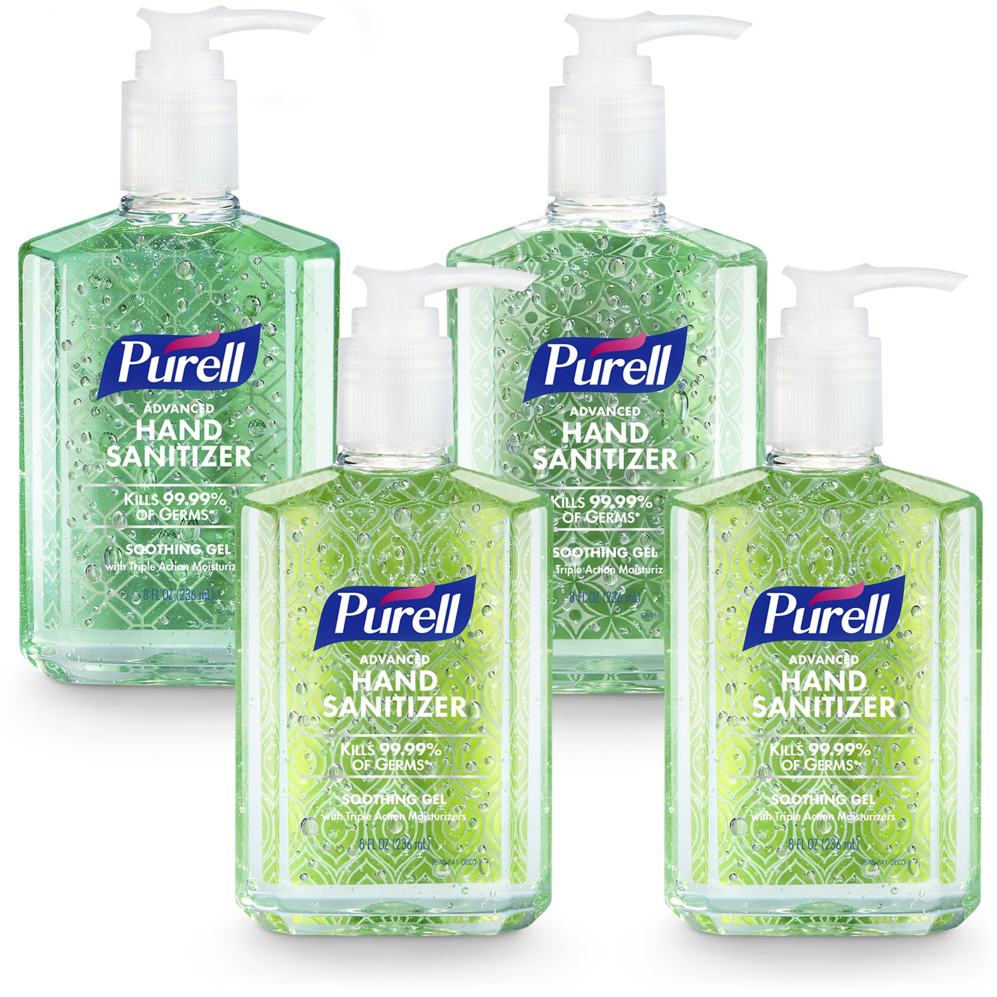 Purell botella frontal 8 oz mostrando diseño decorativo y presentación