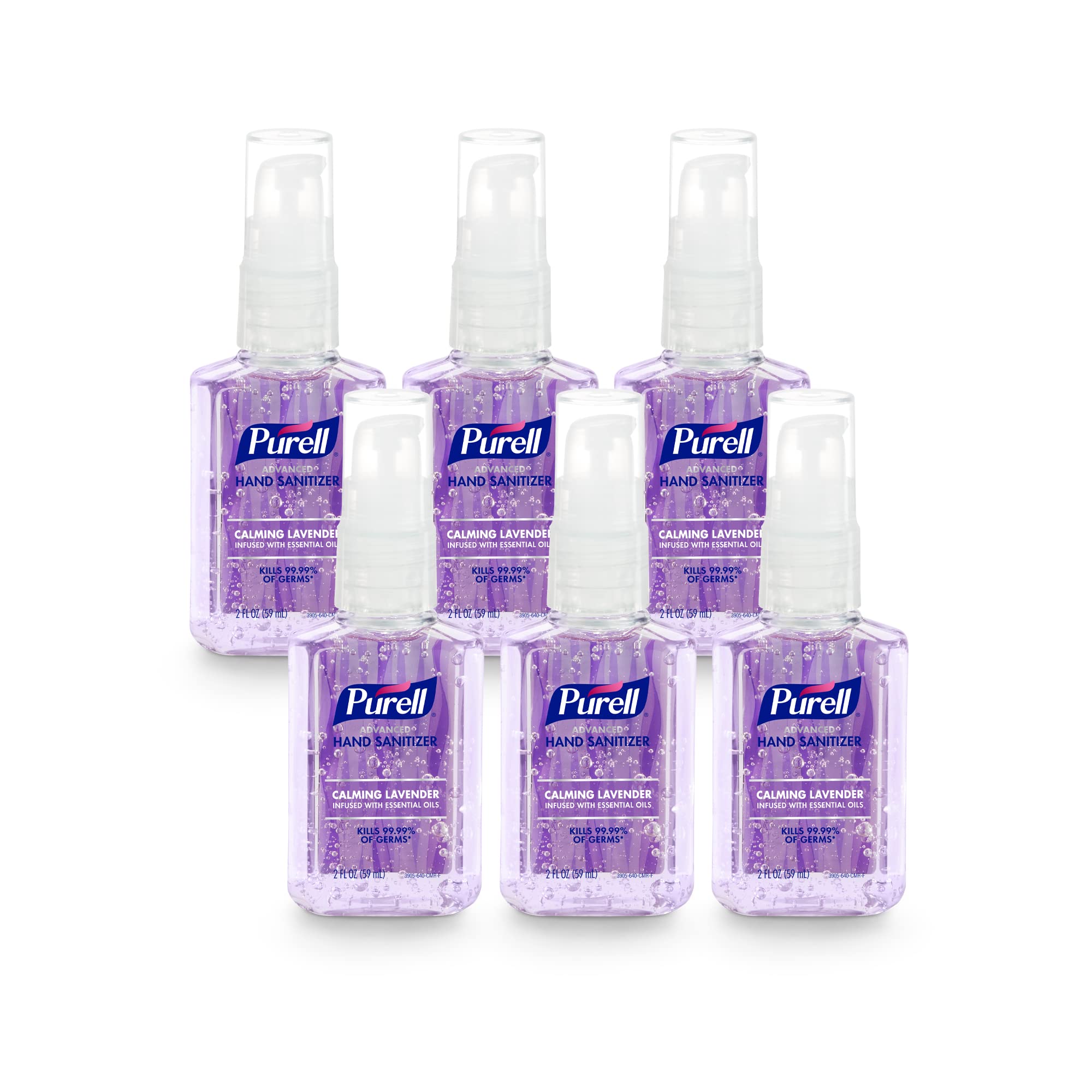 Purell botella frontal lavanda mostrando tamaño de viaje y portada de producto