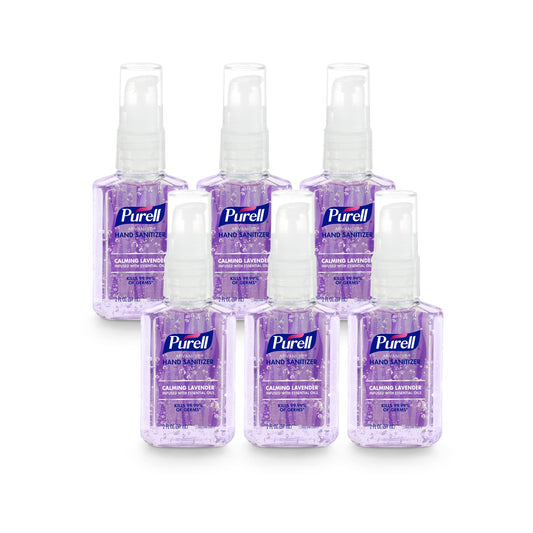 Purell botella frontal lavanda mostrando tamaño de viaje y portada de producto