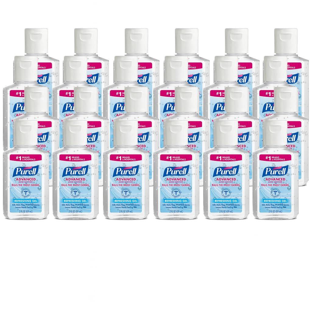 Purell pack de 24 botellas 2 fl oz mostrando el frente y la tapa, fácil transporte