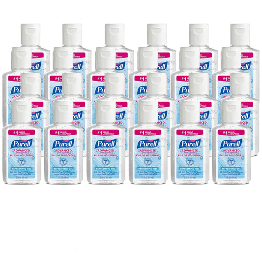 Purell pack de 24 botellas 2 fl oz mostrando el frente y la tapa, fácil transporte