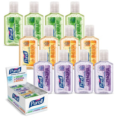 Purell pack de 12 frascos 1oz mostrando empaquetado compacto y práctico