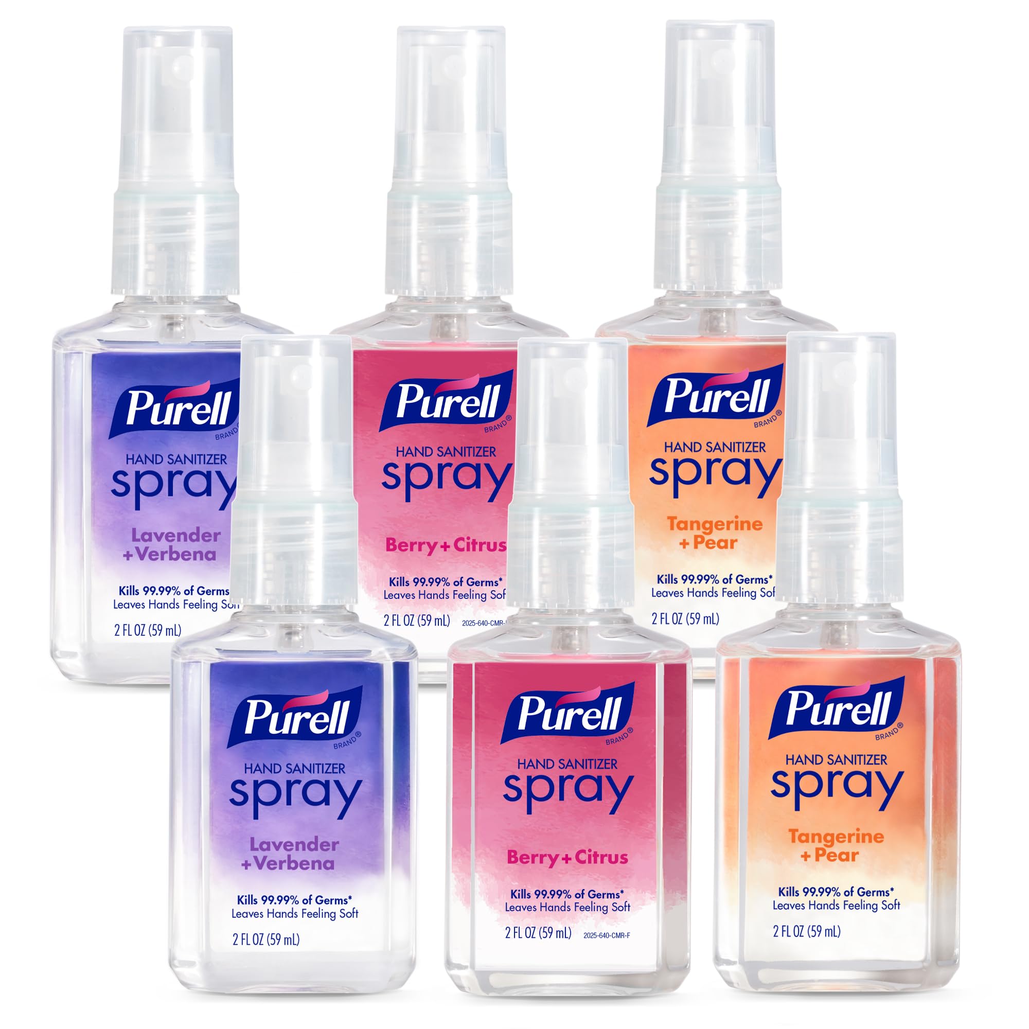 PURELL paquete frontal mostrando seis sprays, portátil y práctico