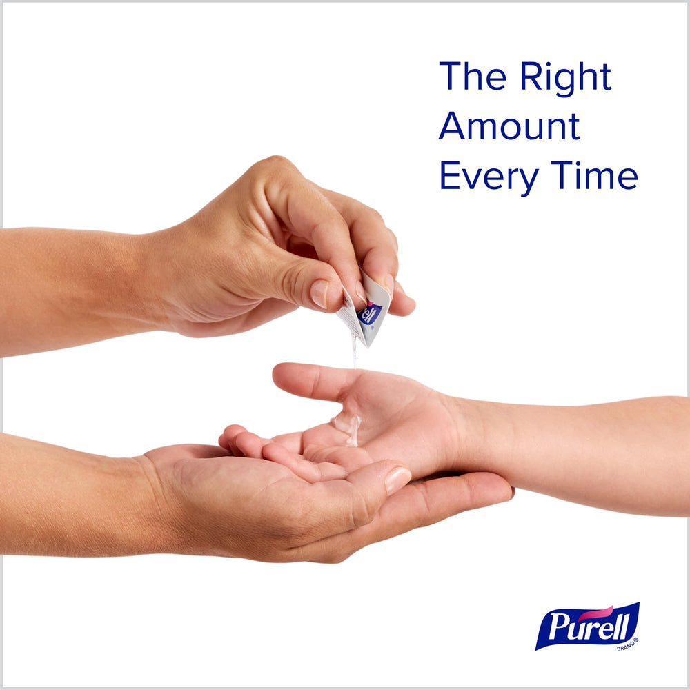 Purell sobre al lado de una mano para comparar tamaño y dosis