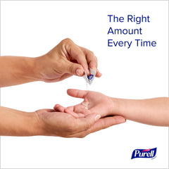 Purell sobre al lado de una mano para comparar tamaño y dosis