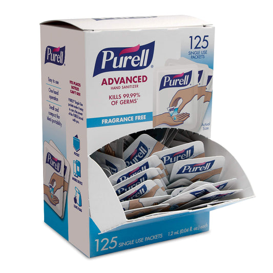 Purell sobres frente del empaque mostrando la marca y cantidad práctica