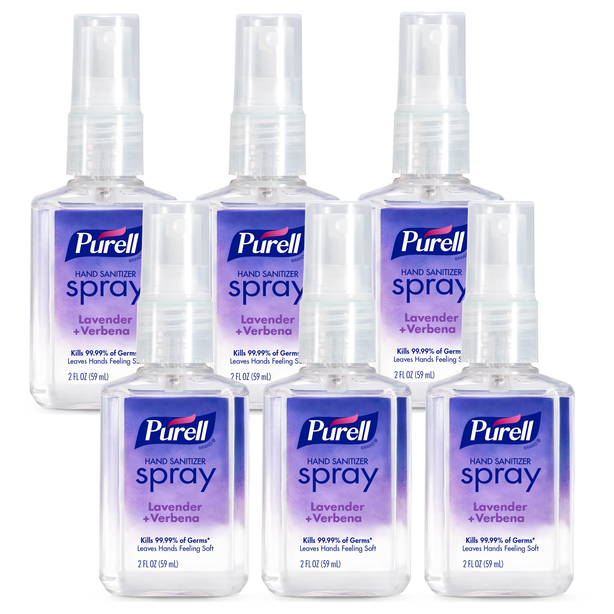 Purell spray lavanda pack frontal muestra seis botellas, transporte práctico