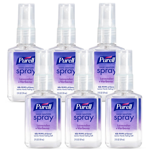 Purell spray lavanda pack frontal muestra seis botellas, transporte práctico