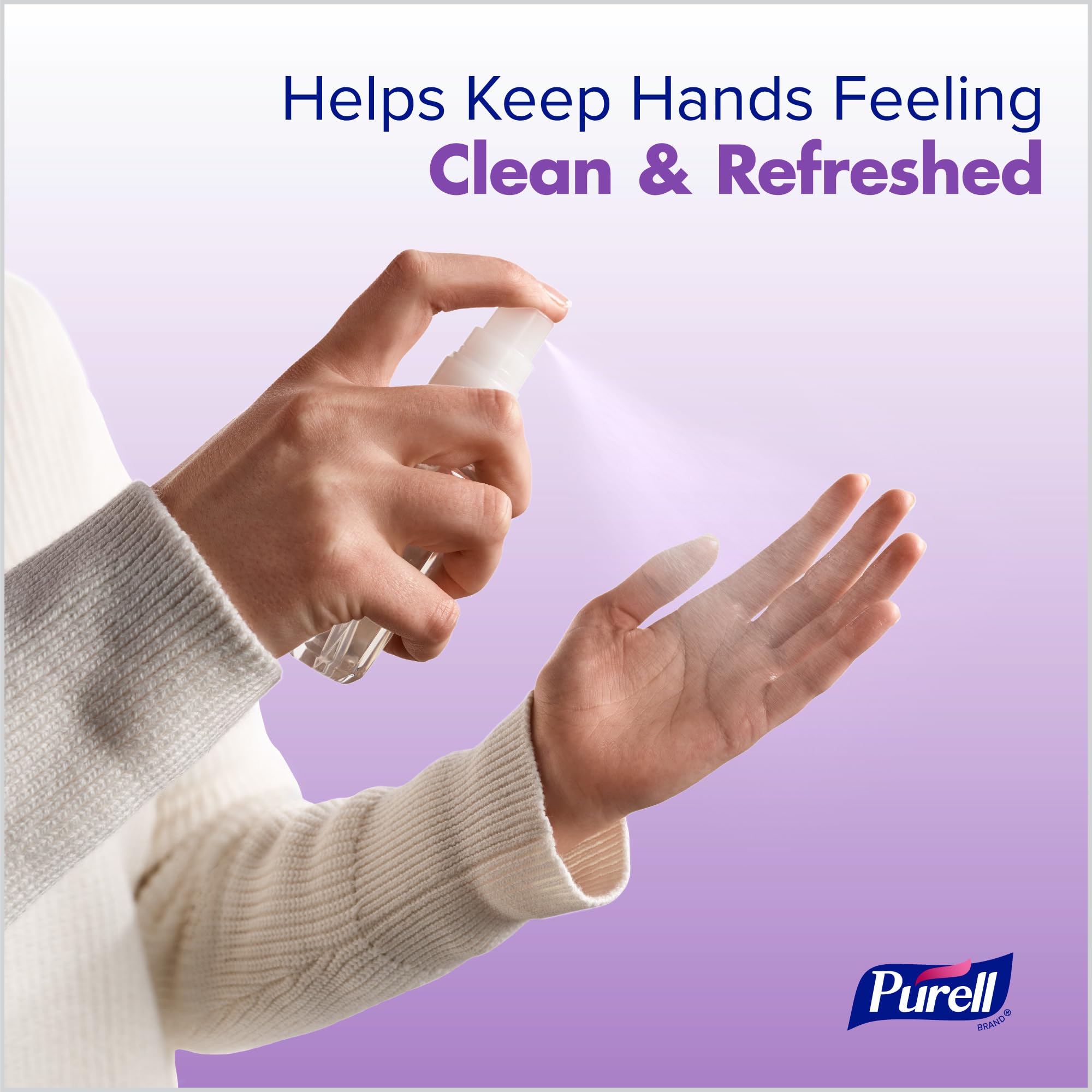 Purell spray lavanda comparación de tamaño en mano para tamaño viaje