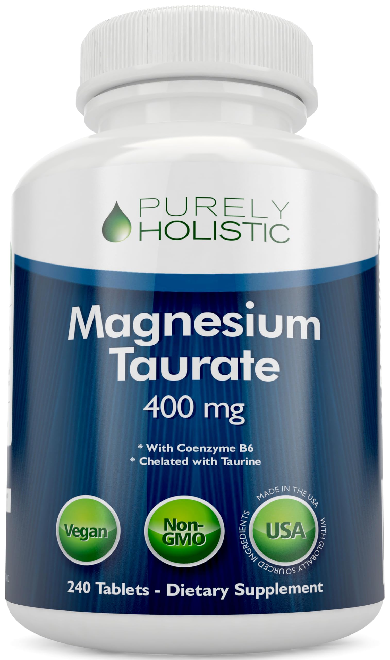 Purely Holistic frasco delantero mostrando magnesio taurato para apoyo cardíaco