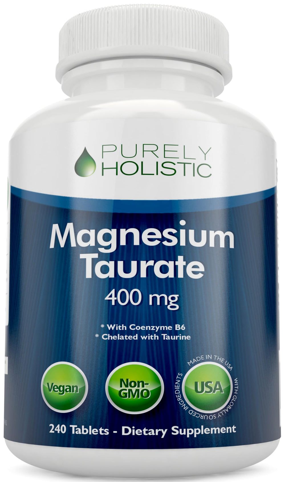 Purely Holistic frasco delantero mostrando magnesio taurato para apoyo cardíaco