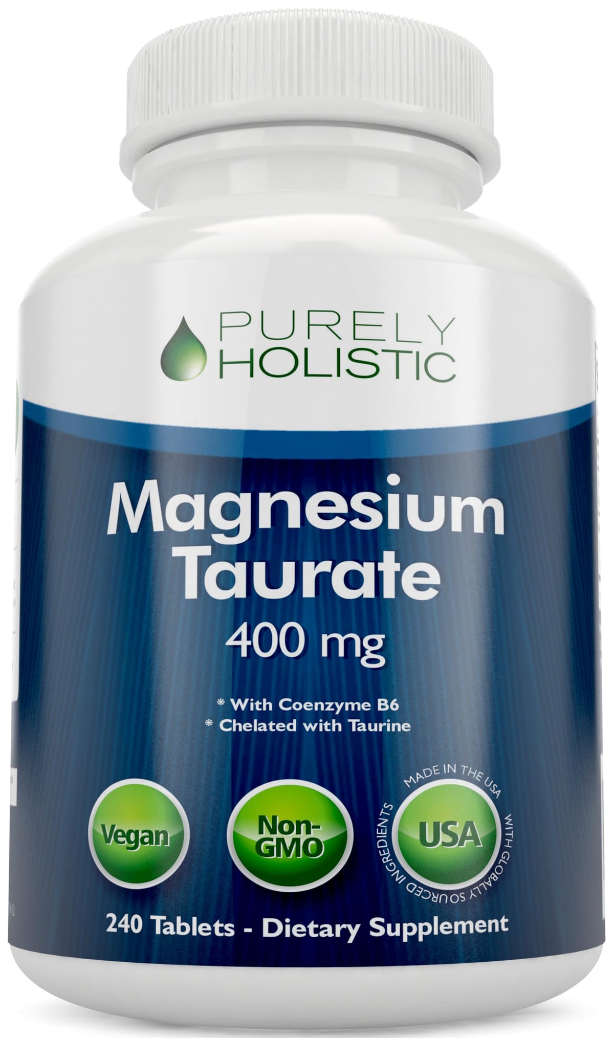 Purely Holistic frasco delantero mostrando magnesio taurato para apoyo cardíaco