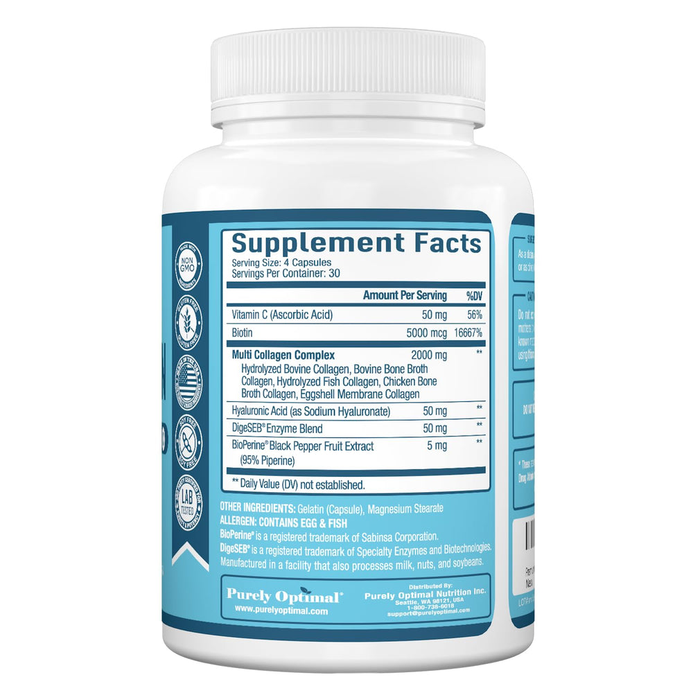 Purely Optimal etiqueta nutricional clara que muestra dosis y certificados de calidad