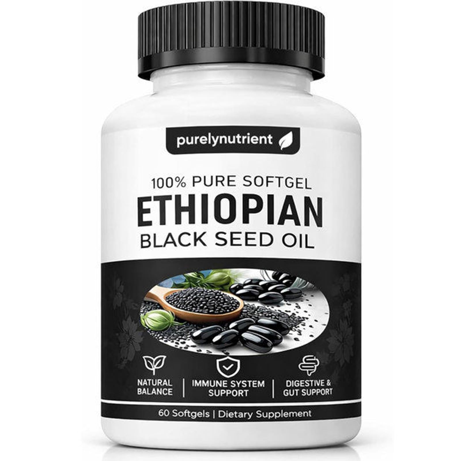 PURELYNUTRIENT frente del envase que muestra 60 softgels y beneficios de conveniencia
