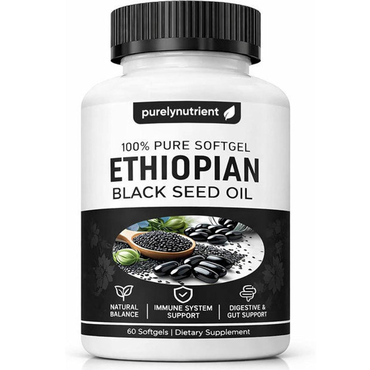 PURELYNUTRIENT frente del envase que muestra 60 softgels y beneficios de conveniencia