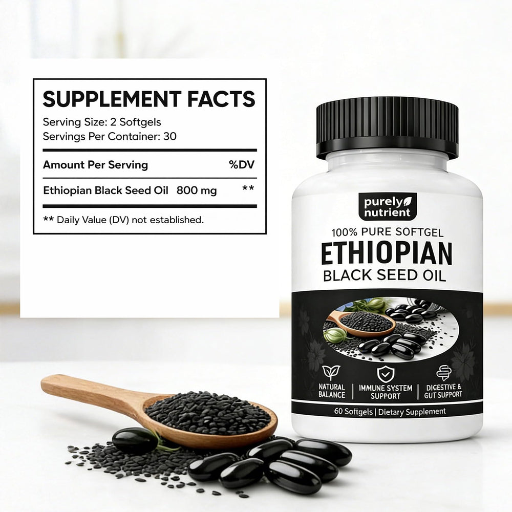 PURELYNUTRIENT semillas negras etíopes crudas que ilustran origen y pureza