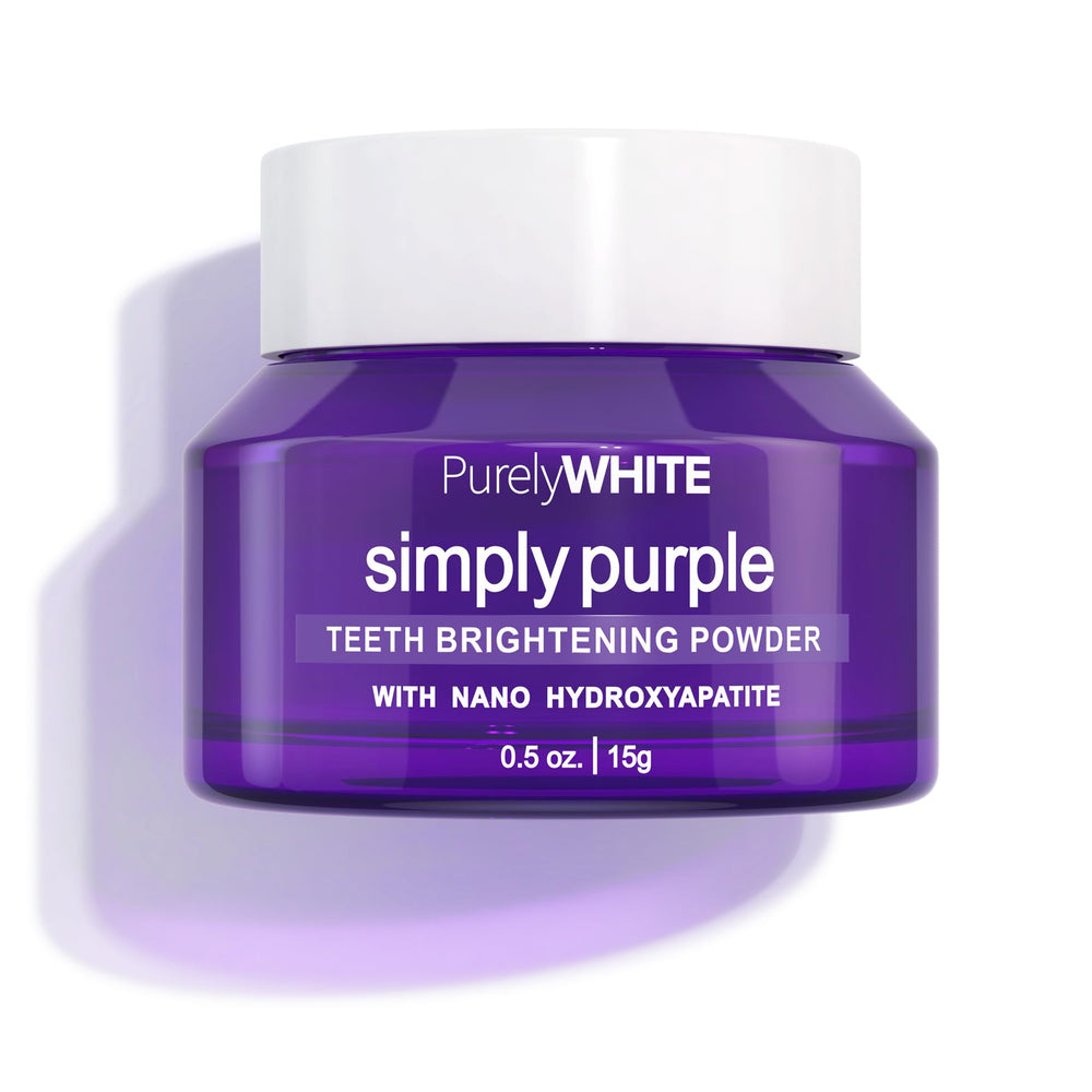 PurelyWHITE DELUXE frente del envase muestra diseño Simply Purple y beneficio estética rápida