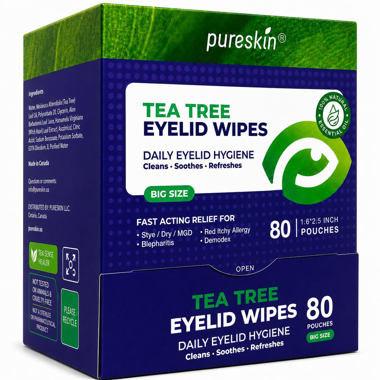 PURESKIN empaque frontal mostrando 80 toallitas, fácil identificación y almacenamiento