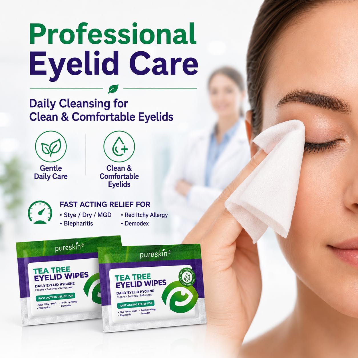 PURESKIN toallita en mano demostrando uso rápido para higiene ocular en segundos
