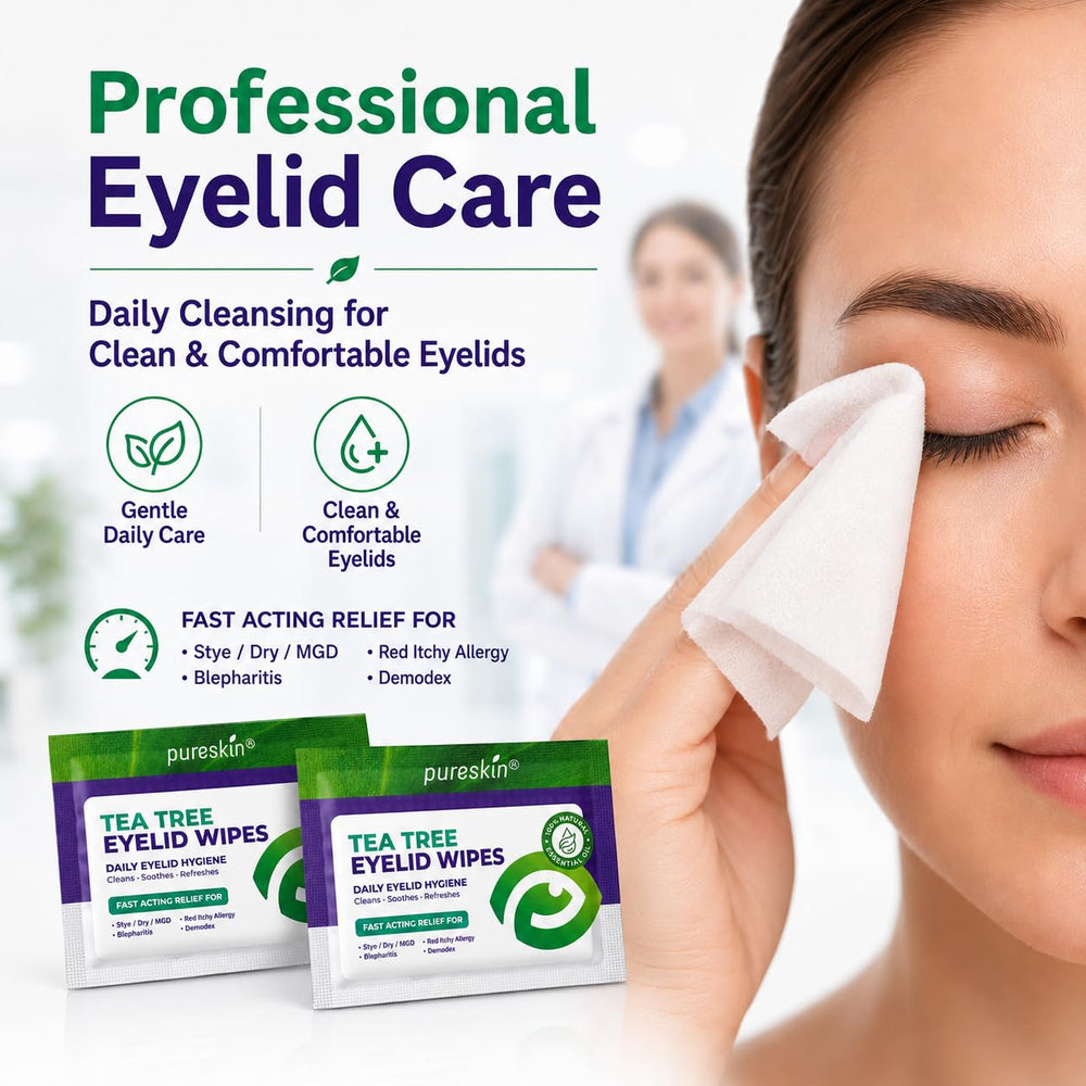 PURESKIN toallita en mano demostrando uso rápido para higiene ocular en segundos