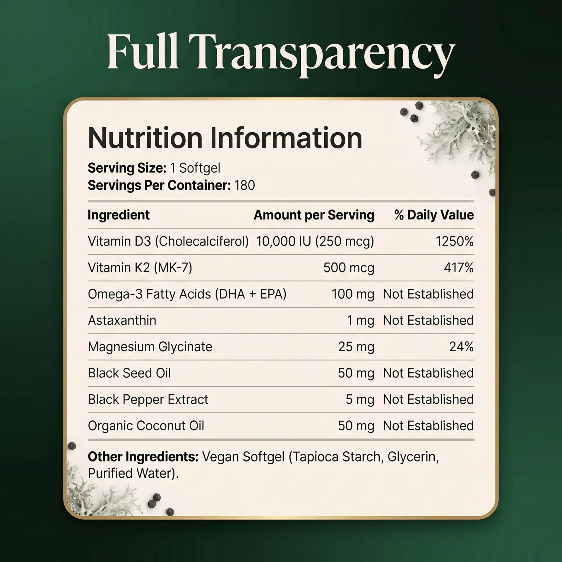 PURETREX botella abierta mostrando 180 softgels, suministro prolongado