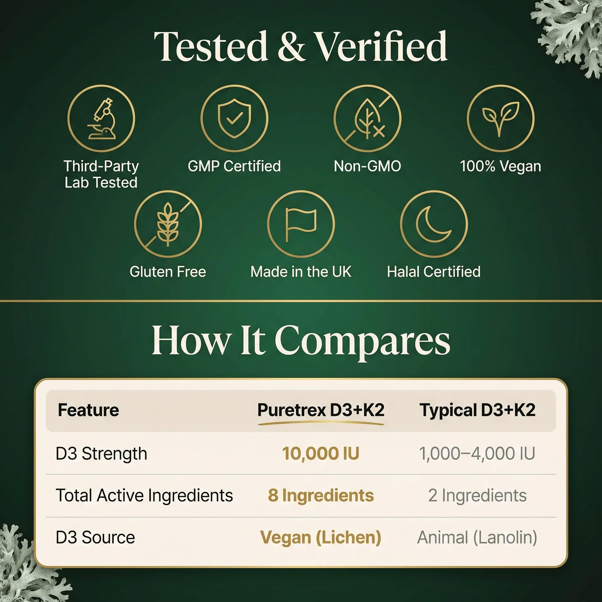 PURETREX etiqueta con certificaciones vegana y halal visible y legible