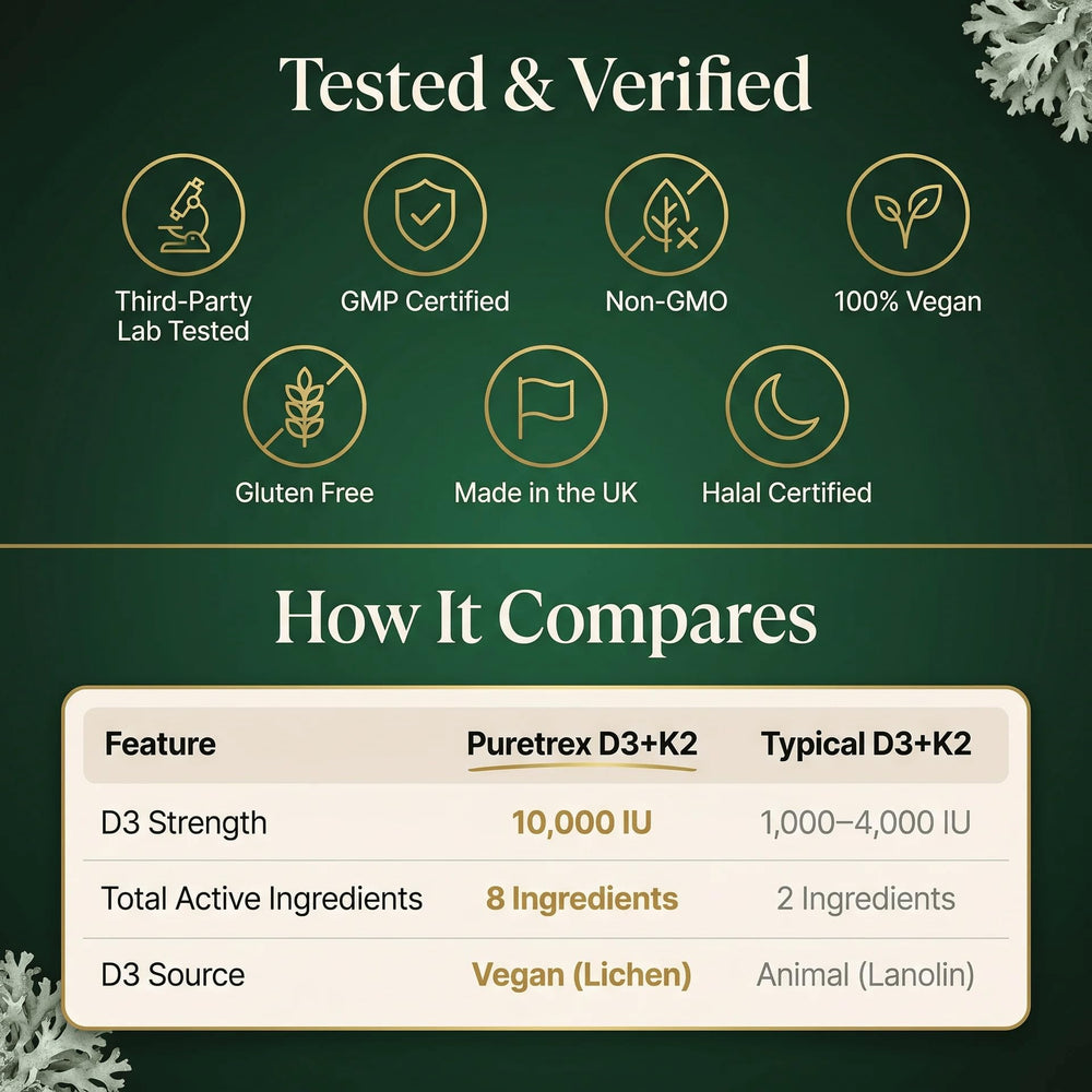 PURETREX etiqueta con certificaciones vegana y halal visible y legible