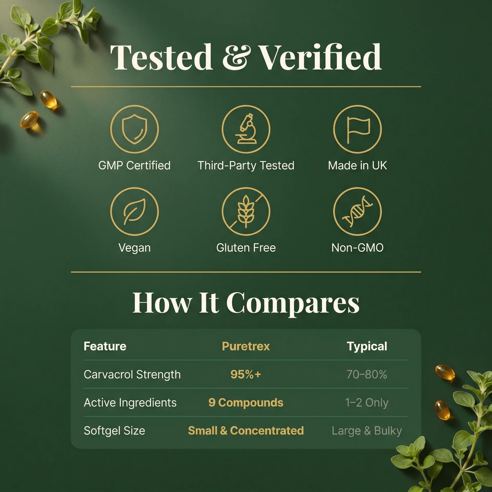 PURETREX ingredientes naturales (orégano, jengibre) que resaltan la mezcla botánica