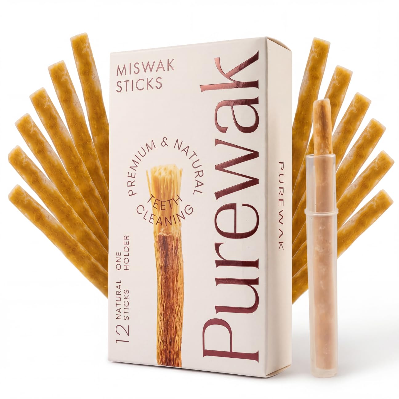 PUREWAK empaque frontal mostrando 12 palitos y soporte, práctico y natural