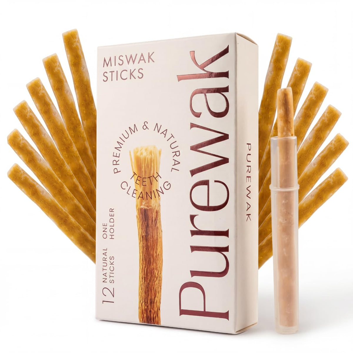 PUREWAK empaque frontal mostrando 12 palitos y soporte, práctico y natural