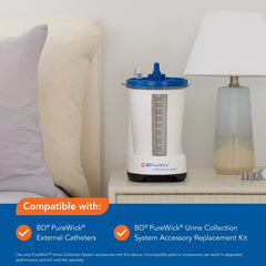 PureWick PW100 instalado junto a una cama para recolección nocturna discreta