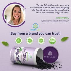Purify Life paquete junto a una mano para comparar tamaño y rinde doméstico