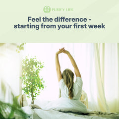 Purify Life comparación de tamaño con mano, escala práctica