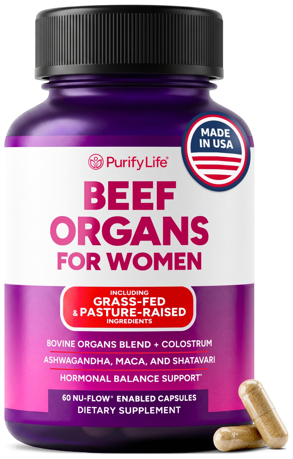 Purify Life frasco frontal mostrando etiqueta clara y beneficios