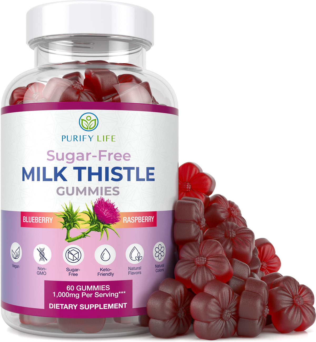 Purify Life envase frontal de gominolas sin azúcar con beneficios hepáticos