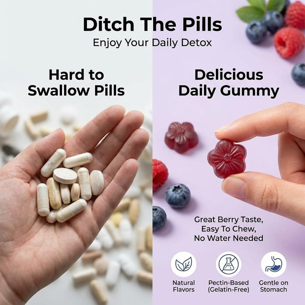 Gominolas Purify Life en mano para comparar tamaño y dosificación fácil