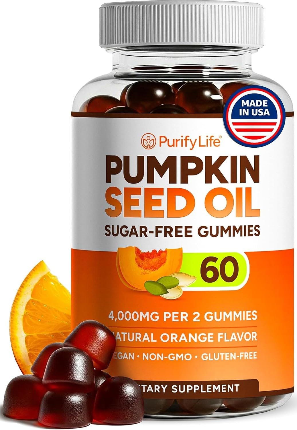 Purify Life envase frontal mostrando gominolas sin azúcar y sabor naranja, comodidad diaria
