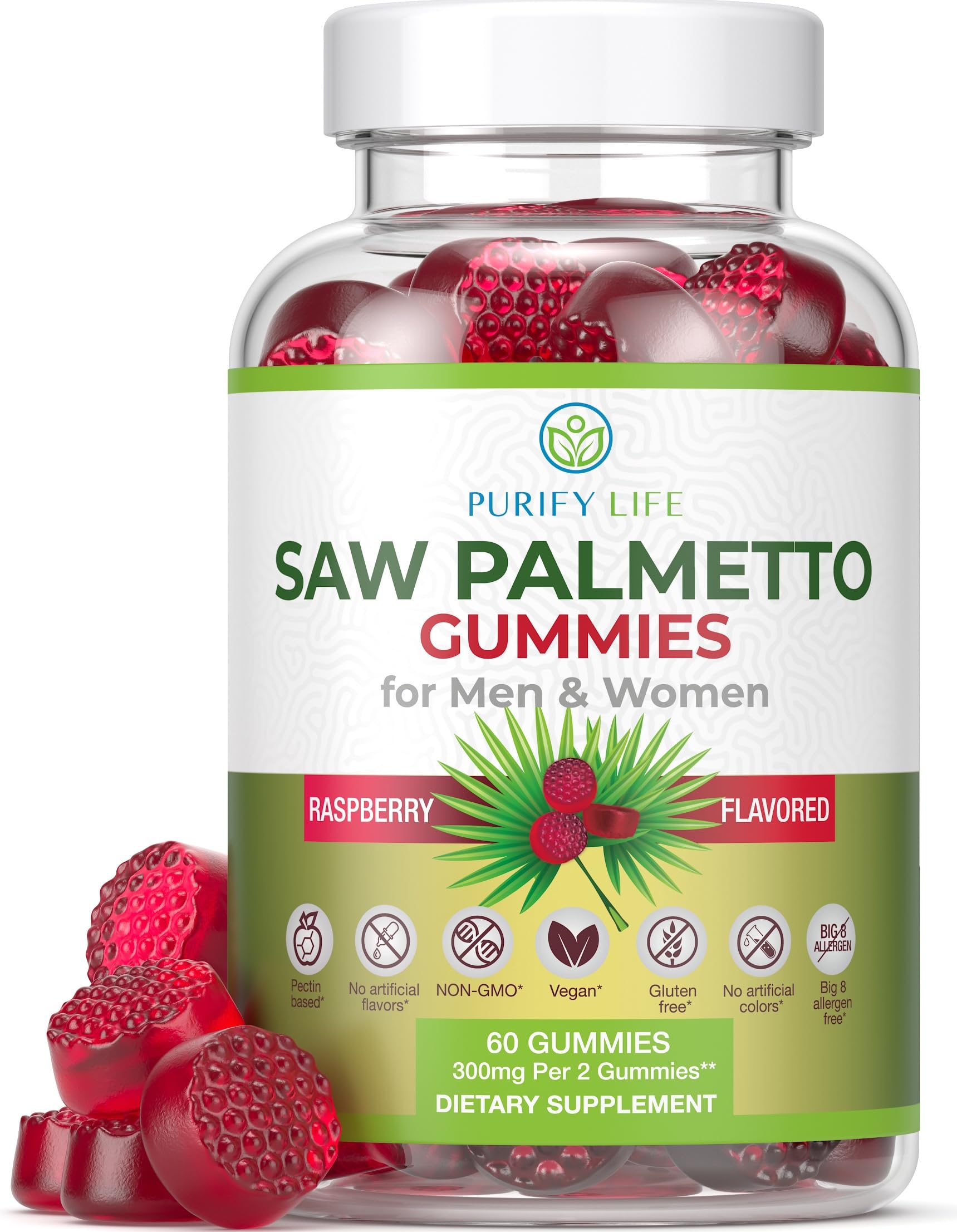 Purify Life frasco frontal de gomitas saw palmetto, formato masticable y práctico